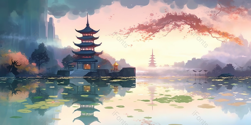 杭州西湖雷峰夕照手绘背景,插画/手绘图,插画/手绘图库,插画/手绘图下载,插画/手绘